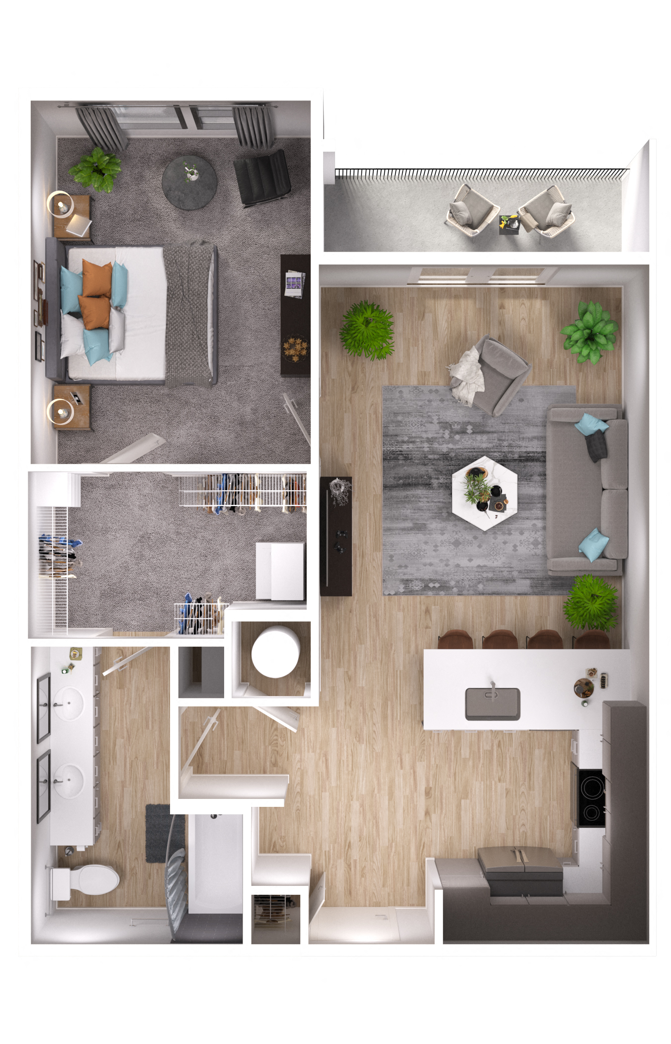 Floor plan for 1 bed, 1 bath, 767 sqft